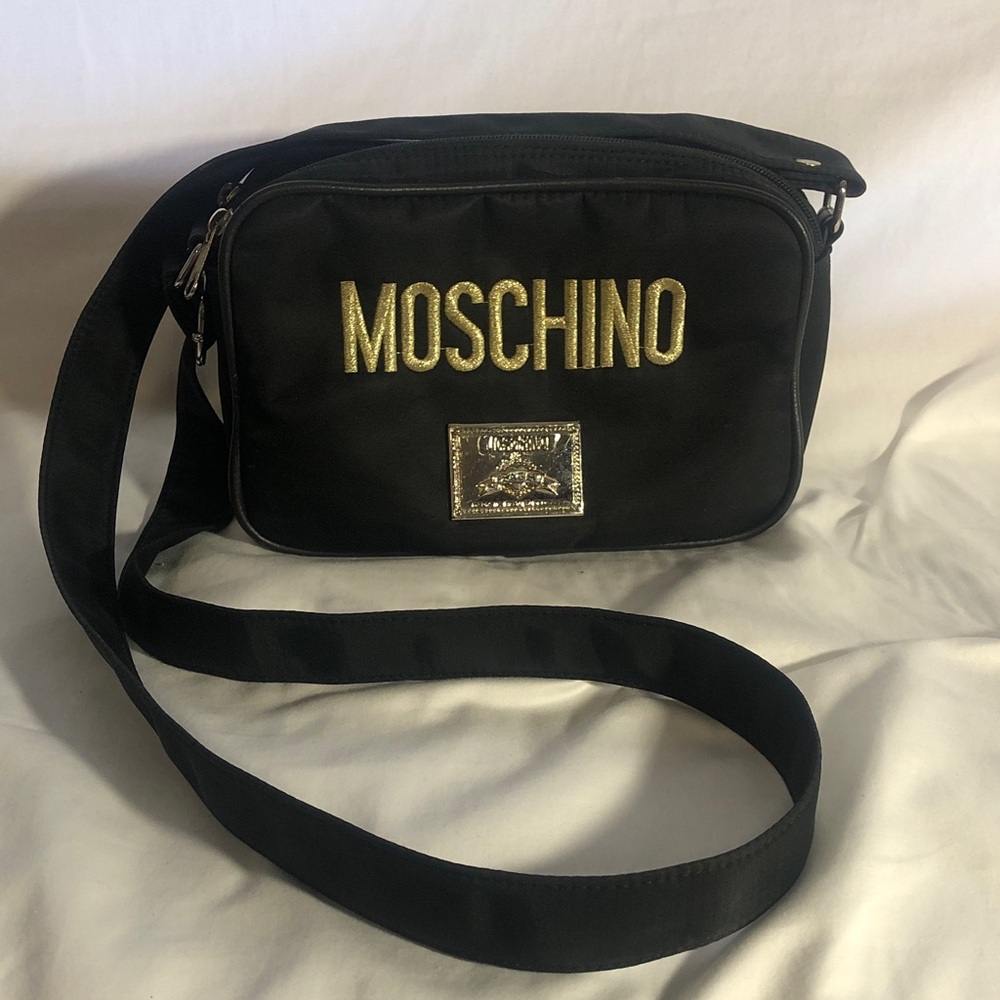Moschino Black Vintage Messenger Bag with Gold Logo Embroidery and Metal Embelli
